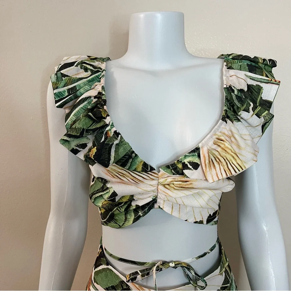 Green multi smocked back ruched crop top split thigh midi skirt set